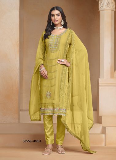 Light Mustard Yellow Organza Chiffon Embroidered Festive-Wear Pant-Bottom Readymade Salwar Kameez