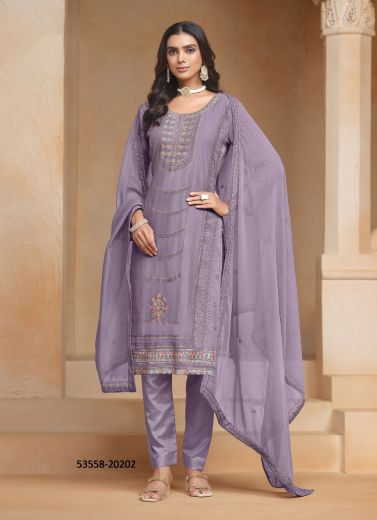 Lilac Organza Chiffon Embroidered Festive-Wear Pant-Bottom Readymade Salwar Kameez