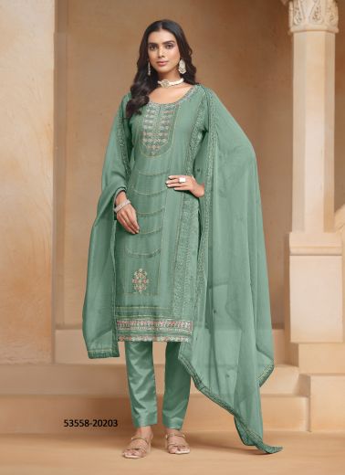 Sea Green Organza Chiffon Embroidered Festive-Wear Pant-Bottom Readymade Salwar Kameez