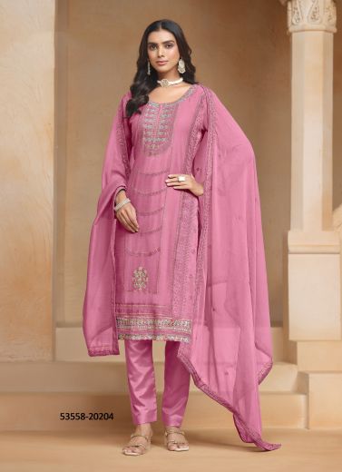 Pink Organza Chiffon Embroidered Festive-Wear Pant-Bottom Readymade Salwar Kameez