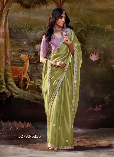 Olive Green Dolla Silk Embroidered Wedding-Wear Saree With Contrast Blouse