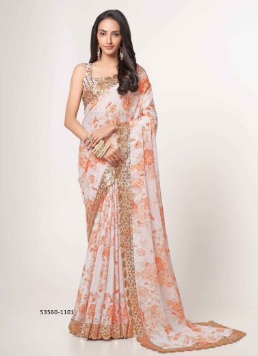 White & Orange Organza Floral Digitally Printed Embroidered Saree For Kitty-Parties