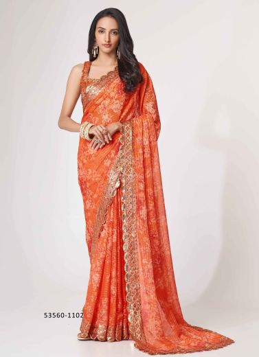 Dark Orange Organza Floral Digitally Printed Embroidered Saree For Kitty-Parties