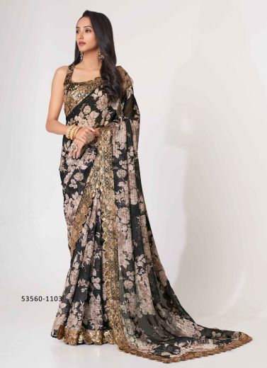 Black & Light Brown Organza Floral Digitally Printed Embroidered Saree For Kitty-Parties