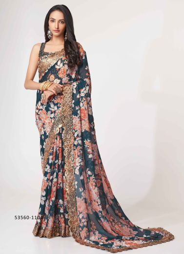 Sea Blue & Coral Organza Floral Digitally Printed Embroidered Saree For Kitty-Parties