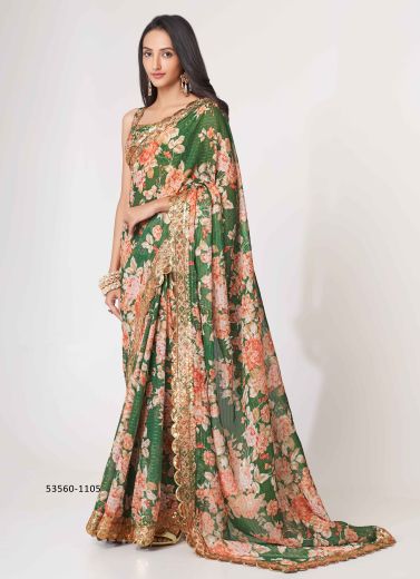 Green & Salmon Organza Floral Digitally Printed Embroidered Saree For Kitty-Parties