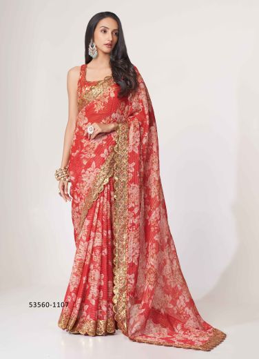 Red & White Organza Floral Digitally Printed Embroidered Saree For Kitty-Parties