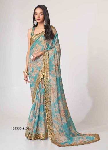 Light Blue & Beige Organza Floral Digitally Printed Embroidered Saree For Kitty-Parties