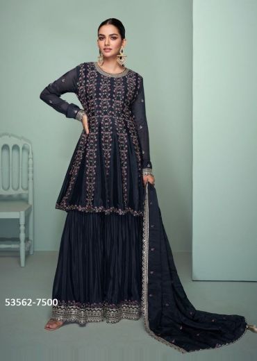 Navy Blue Chinon Embroidered Party-Wear Gharara-Bottom Readymade Salwar Kameez