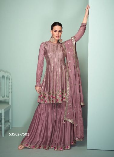 Mauve Chinon Embroidered Party-Wear Gharara-Bottom Readymade Salwar Kameez