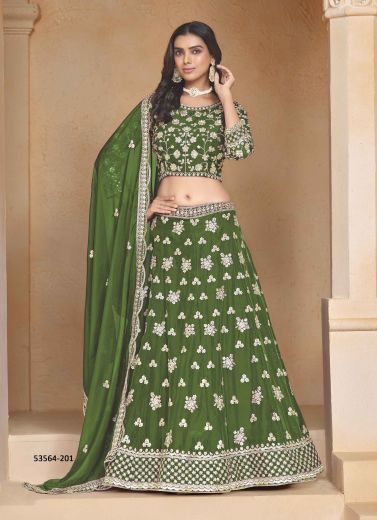 Green Organza Embroidered Lehenga Choli For Traditional / Religious Occasions