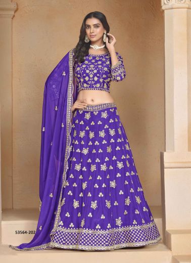 Violet Organza Embroidered Lehenga Choli For Traditional / Religious Occasions