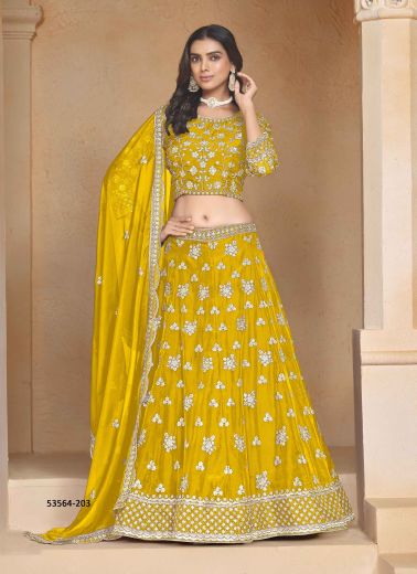 Yellow Organza Embroidered Lehenga Choli For Traditional / Religious Occasions