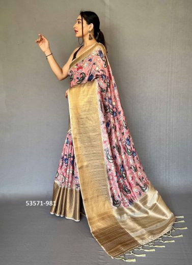 Pink & Burlywood Linen-Cotton Digitally Printed Festive-Wear Saree