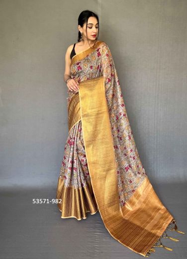 Gray & Orange Linen-Cotton Digitally Printed Festive-Wear Saree