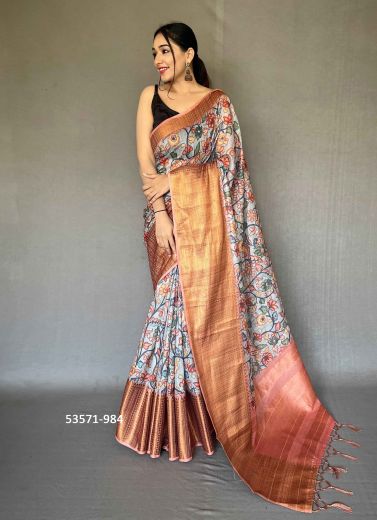 Light Blue & Pink Linen-Cotton Digitally Printed Festive-Wear Saree