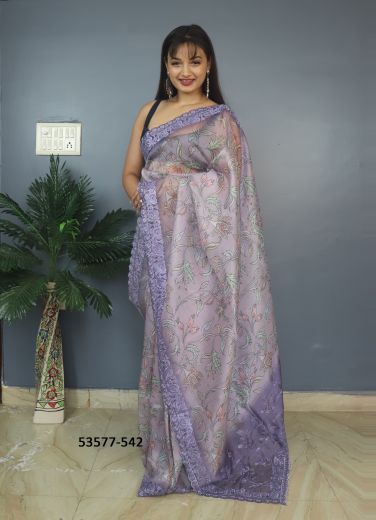 Light Lilac Organza Silk Floral Digitally Printed Saree For Kitty-Parties