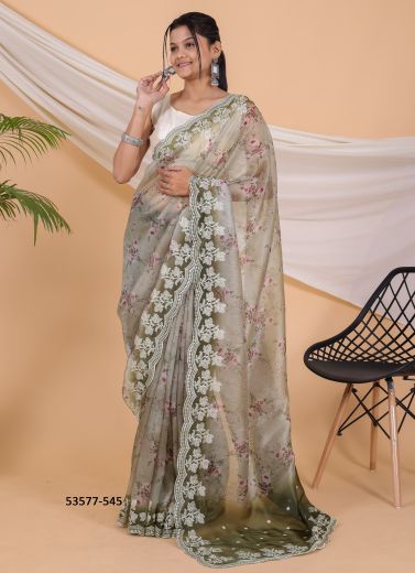 Light Sage Green Organza Silk Floral Digitally Printed Saree For Kitty-Parties