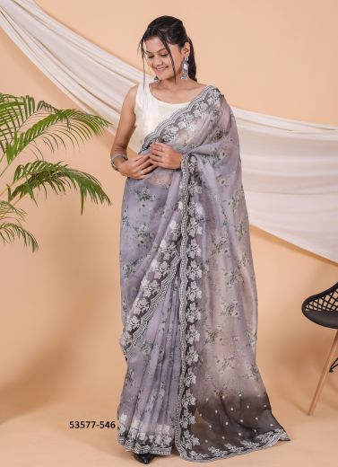 Warm Gray Organza Silk Floral Digitally Printed Saree For Kitty-Parties