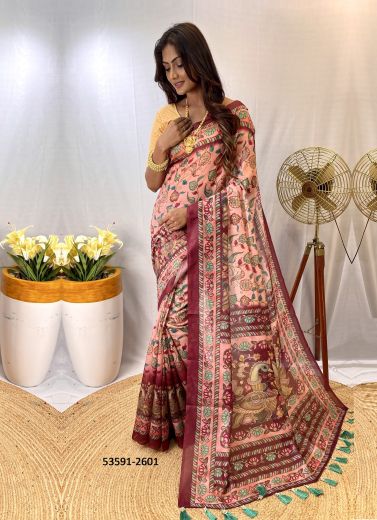 Pink & Wine Cotton Floral Digitally Printed Casual-Wear Saree