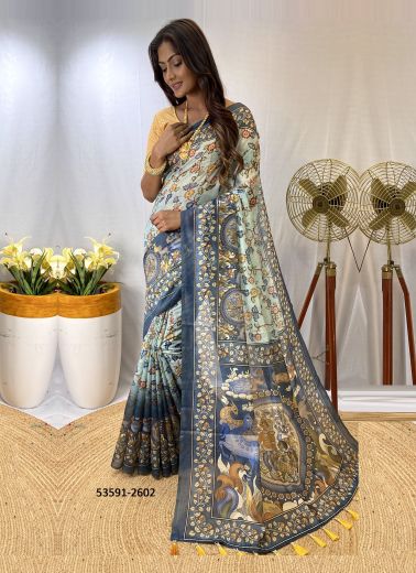 Aqua & Blue Cotton Floral Digitally Printed Casual-Wear Saree