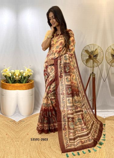 Peach & Maroon Cotton Floral Digitally Printed Casual-Wear Saree