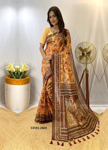 Orange & Brown Cotton Floral Digitally Printed Casual-Wear Saree