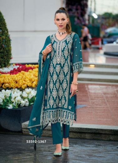 Teal Blue & White Organza Embroidered Festive-Wear Pakistani Readymade Salwar Kameez