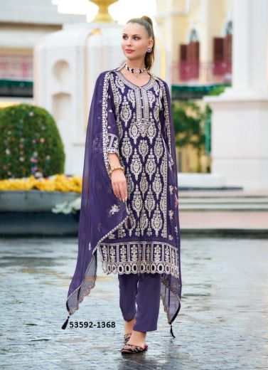 Violet Blue & White Organza Embroidered Festive-Wear Pakistani Readymade Salwar Kameez