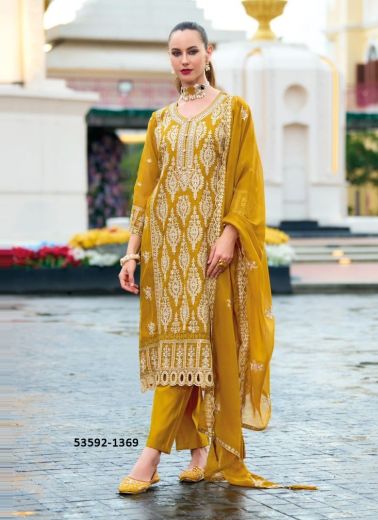 Mustard Yellow & White Organza Embroidered Festive-Wear Pakistani Readymade Salwar Kameez