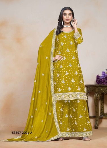 Lime Yellow Chinon Embroidered Festive-Wear Palazzo-Bottom Readymade Salwar Kameez