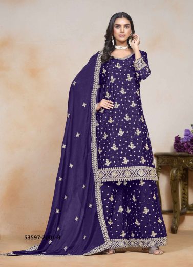 Violet Chinon Embroidered Festive-Wear Palazzo-Bottom Readymade Salwar Kameez