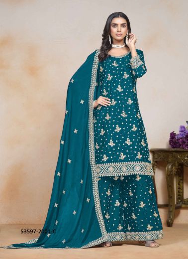 Teal Blue Chinon Embroidered Festive-Wear Palazzo-Bottom Readymade Salwar Kameez