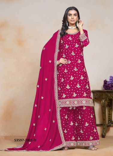 Wine Red Chinon Embroidered Festive-Wear Palazzo-Bottom Readymade Salwar Kameez