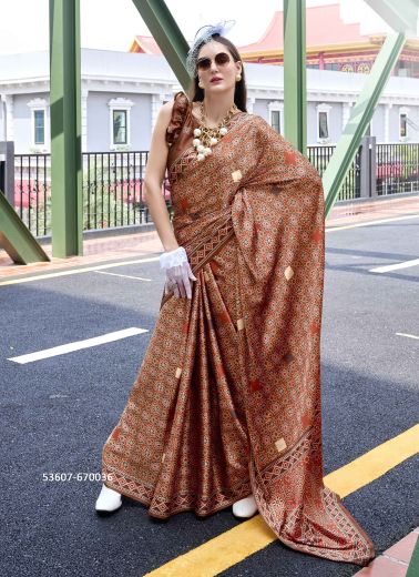 Dark Coral & White Pure Satin Soft Silk Printed Saree For Kitty-Parties