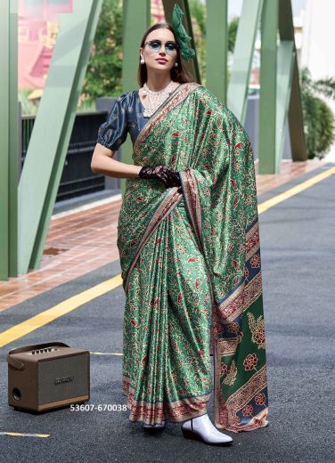 Green & Wine Pure Satin Soft Silk Printed Saree For Kitty-Parties