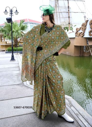 Olive Green & Blue Pure Satin Soft Silk Printed Saree For Kitty-Parties