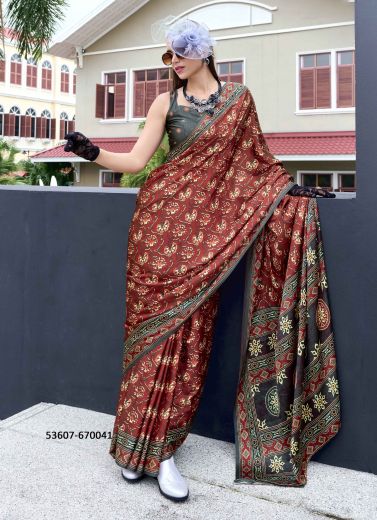 Maroon & Cream Pure Satin Soft Silk Printed Saree For Kitty-Parties