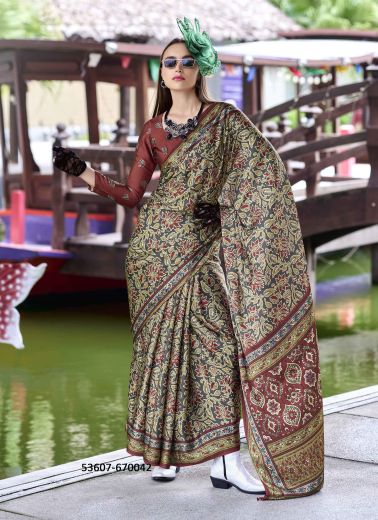 Beige & Wine Pure Satin Soft Silk Printed Saree For Kitty-Parties