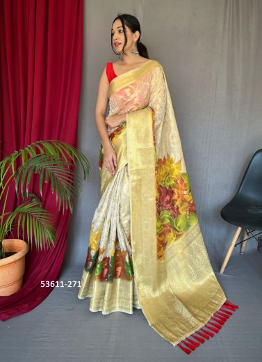 Multicolored Organza Zari Woven Floral Digitally Printed Saree For Kitty-Parties