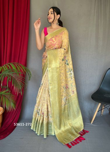 Cream & Pista Green Organza Zari Woven Floral Digitally Printed Saree For Kitty-Parties