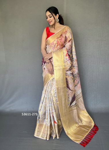 White & Dark Purple Organza Zari Woven Floral Digitally Printed Saree For Kitty-Parties