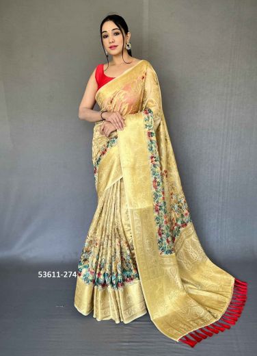 Creamy Yellow Organza Zari Woven Floral Digitally Printed Saree For Kitty-Parties