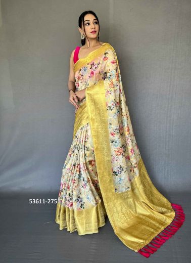 Multicolored Organza Zari Woven Floral Digitally Printed Saree For Kitty-Parties