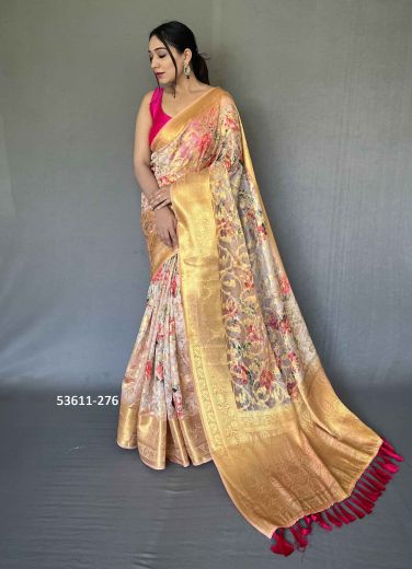 Light Pink Organza Zari Woven Floral Digitally Printed Saree For Kitty-Parties