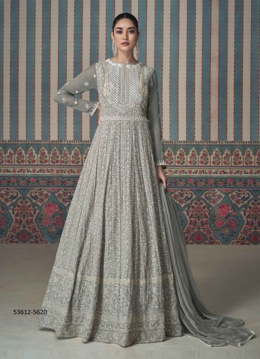 Gray Georgette Thread-Work Wedding-Wear Readymade Gown With Dupatta