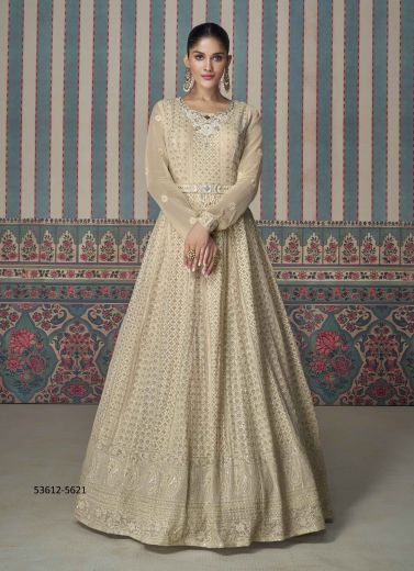 Cream Georgette Thread-Work Wedding-Wear Readymade Gown With Dupatta