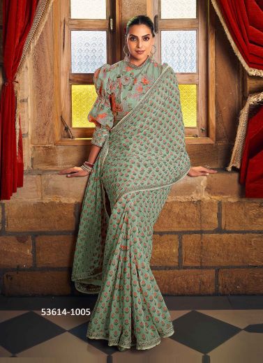 Mint Green & Red Georgette Floral Digitally Printed Saree For Kitty-Parties