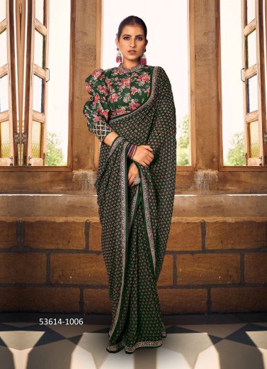 Dark Green & Pink Georgette Floral Digitally Printed Saree For Kitty-Parties