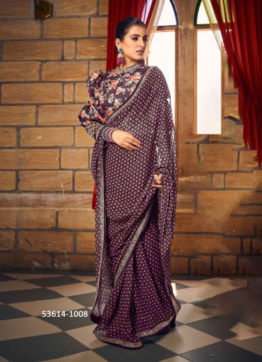 Dark Purple & Pink Georgette Floral Digitally Printed Saree For Kitty-Parties